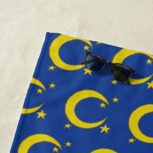 Toalha De Praia Estrelas da Lua Amarelo Azul-Noite Crescente