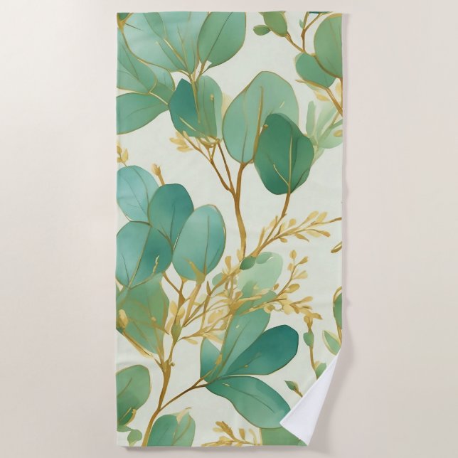 Toalha De Praia Eucalyptus deixa Design verde e Dourado (Frente)