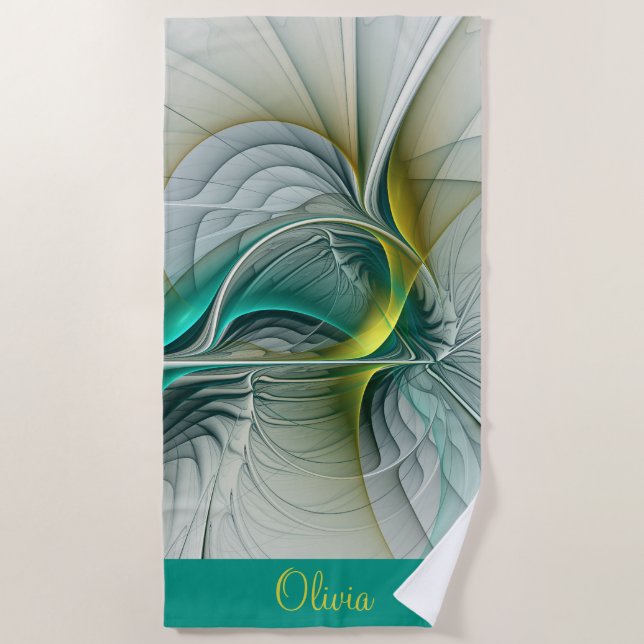 Toalha De Praia Evolução, Abstrato Turquesa do Ouro com Nome (Frente)