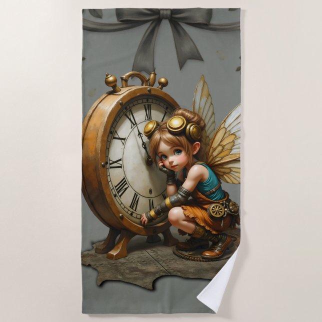 Toalha De Praia Fada Steampunk com Asas de Ouro e Relógio Antiquad (Frente)