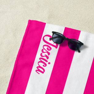 Toalha De Praia Faixa branca rosa-quente clássica, personalizada