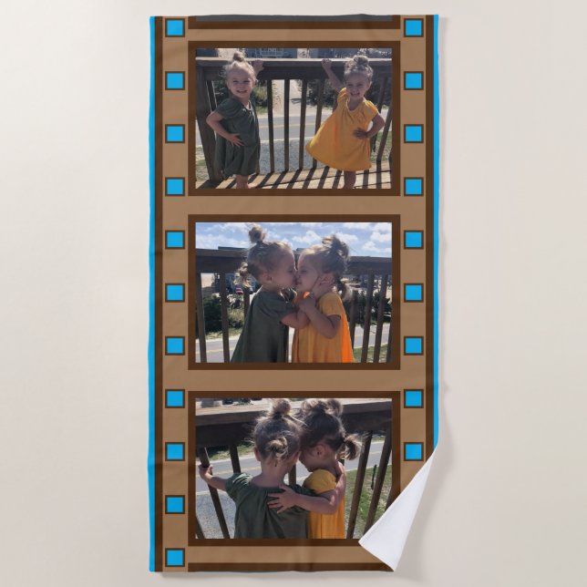 Toalha De Praia Faixa de Filme Retrô Adicione até 3 Fotos Azul (Frente)