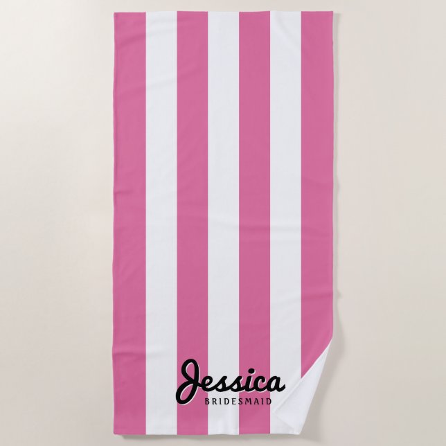 Toalha De Praia Faixa Rosa e Branca | Bridesmaid Beach Towel (Frente)