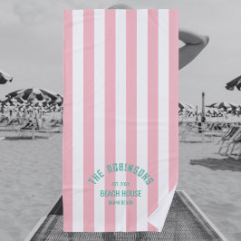 Toalha De Praia Família Beach House Nome Pink Cabana Stripe