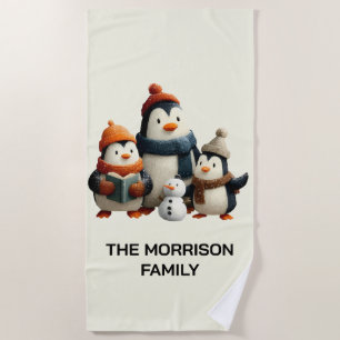 Toalha De Praia Família de Pinguins de Inverno com Boneco de Neve