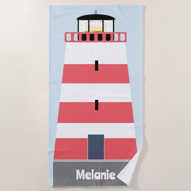 Toalha De Praia Farol Branco e Vermelho Alto Personalizado (Frente)