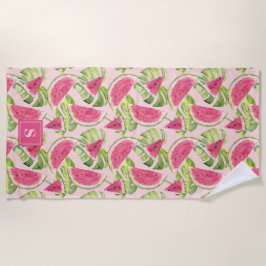 Toalha De Praia Fatias de Melancia Monogramadas Aquarela Tropical
