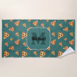 Toalha De Praia Fatias de pizza legais padrão vintage azul-teal Mo