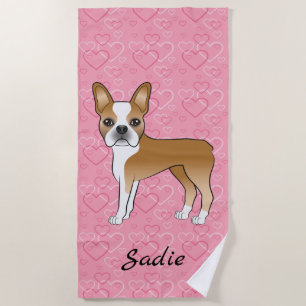 Toalha De Praia Fawn Boston Terrier Dog Em Corações E Nome Rosa