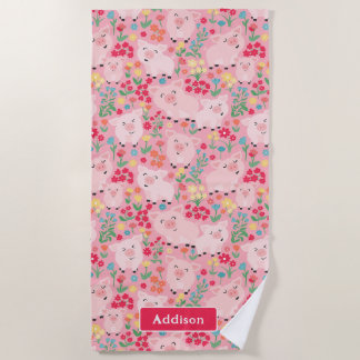 Toalha De Praia Fazenda De Suínos Rústica Floral Personalizada