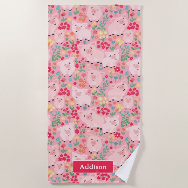 Toalha De Praia Fazenda De Suínos Rústica Floral Personalizada (Frente)