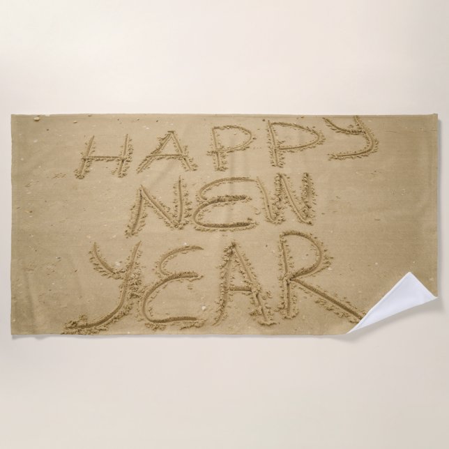 Toalha De Praia Feliz ano novo na areia (Frente)