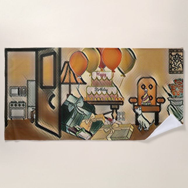 Toalha De Praia Feliz Arte de Aniversário (Frente)