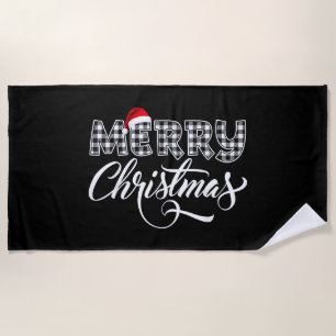 Toalha De Praia Feliz Natal Búfalo Preto e Branco Xadrez para