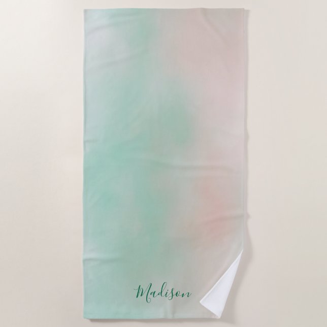 Toalha De Praia Feminino Rosa Pastel Verde Gradiente Script  (Frente)