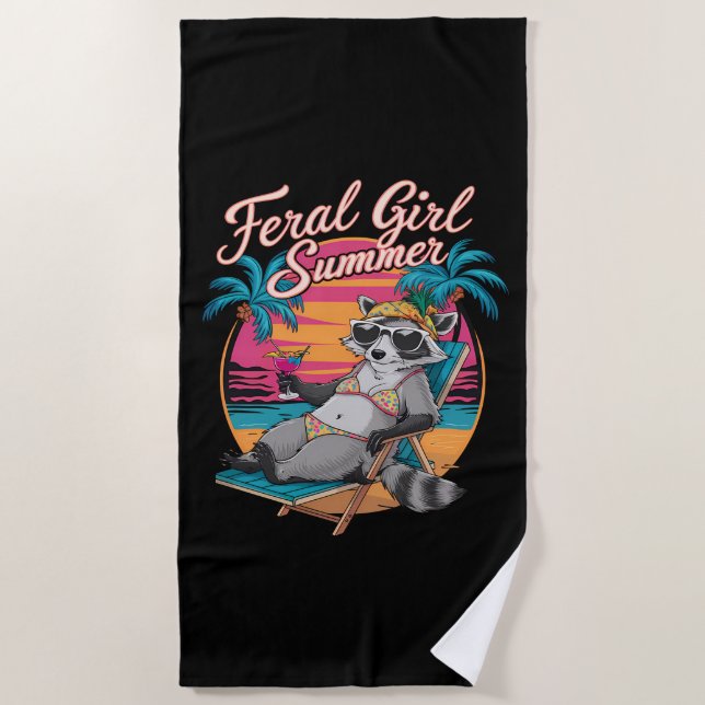 Toalha De Praia Feral Girl Summer Beach Funny Raccoon (Frente)