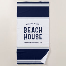 Toalha De Praia Férias com nome familiar Beach House Marinho Blue