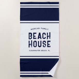 Toalha De Praia Férias com nome familiar Beach House Marinho Blue