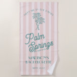 Toalha De Praia Festa de Despedida de Solteira Cor-de-Rosa em Palm<br><div class="desc">Encontre-me nas palmeiras! Nossa Coleção de Festa Palm Springs é uma mistura sonhadora de charme de cabana de praia vintage e perfeição pastel. Com listras suaves, palmeiras arejadas e um toque de glamour retrô, esta coleção traz a magia de uma escapada ensolarada para a sua celebração. Se você está organizando...</div>