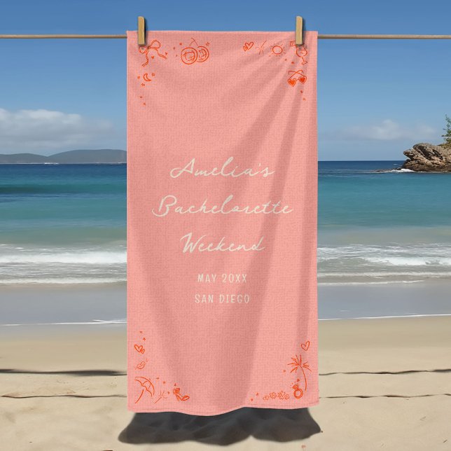 Toalha De Praia Festa de Fim de Semana de Despedida de Solteira em (Pink and red hand drawn sketch illustrations girly icons bachelorette weekend party beach towel.)