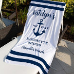 Toalha De Praia Festa de solteira de Casamento Personalizado do Ma<br><div class="desc">A toalha de praia do fim de semana da Bachelorette com tema náutico personalizado apresenta uma âncora de barco com estilo costeiro e design de listras com texto personalizado que pode ser personalizado com o nome da bachelorette e o destino e a data de fuga do fim de semana. Esquema...</div>