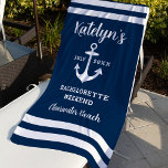 Toalha De Praia Festa de solteira de Casamento Personalizado do Ma<br><div class="desc">A toalha de praia do fim de semana da Bachelorette com tema náutico personalizado apresenta uma âncora de barco com estilo costeiro e design de listras com texto personalizado que pode ser personalizado com o nome da bachelorette e o destino e a data de fuga do fim de semana. Esquema...</div>