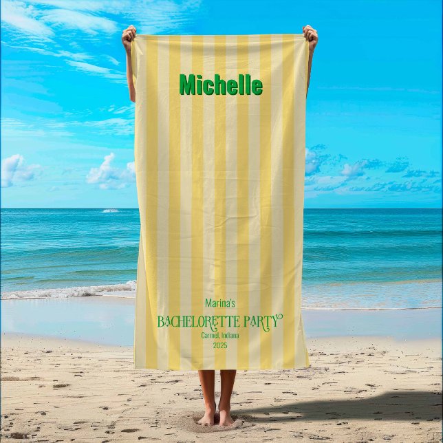 Toalha De Praia Festa de solteira de faixa costeira amarela + verd (Yellow + Green Coastal Stripe Beach Towel)