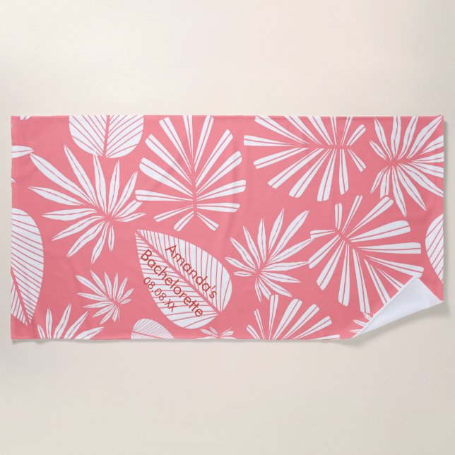 Toalha De Praia Festa de solteira Pink Palm Leaf Personalizada (Frente)