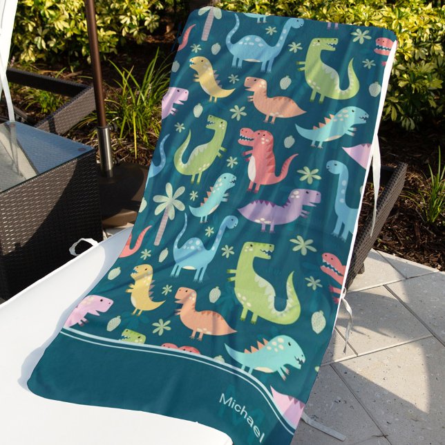 Toalha De Praia Filhinho Monograma Azul com Padrão Dinossauro (Criador carregado)