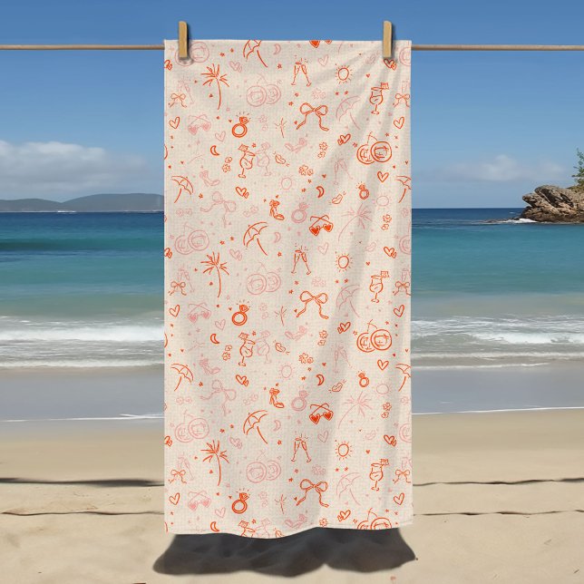 Toalha De Praia Fim de semana de despedida de solteira com esboço  (Pink and red hand drawn sketch illustrations girly icons bachelorette weekend party beach towel.)