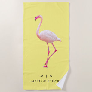 Toalha De Praia Flamingo Amarelo Elegante Monograma Seco