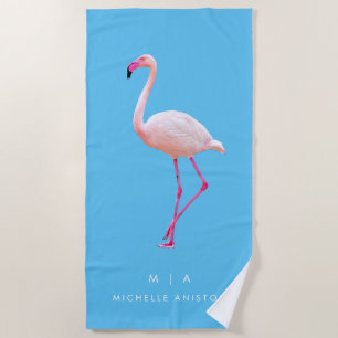 Toalha De Praia Flamingo Azul Elegante Monograma Seco
