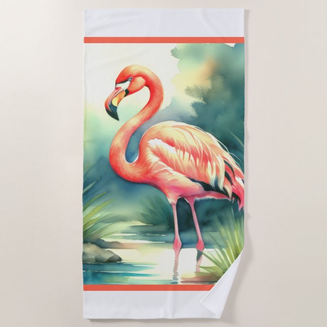 Toalha De Praia Flamingo de pintura por aquarela (Frente)