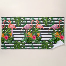 Toalha De Praia Flamingo Flores Hibiscus Black White Stripe