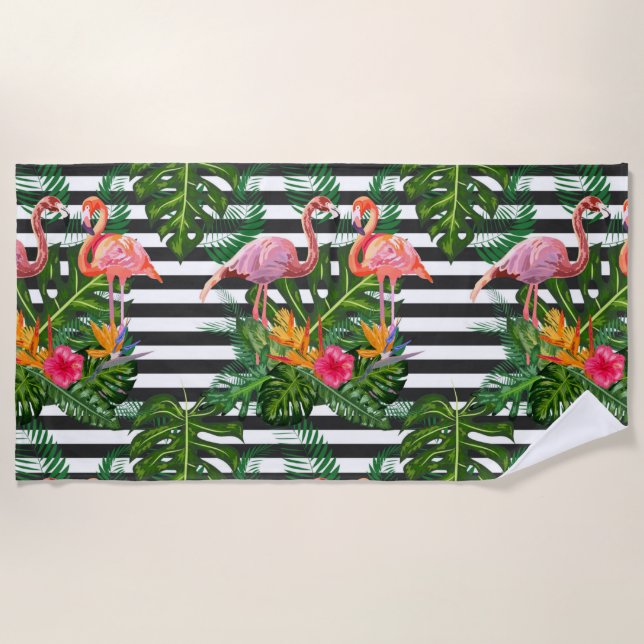 Toalha De Praia Flamingo Flores Hibiscus Black White Stripe (Frente)