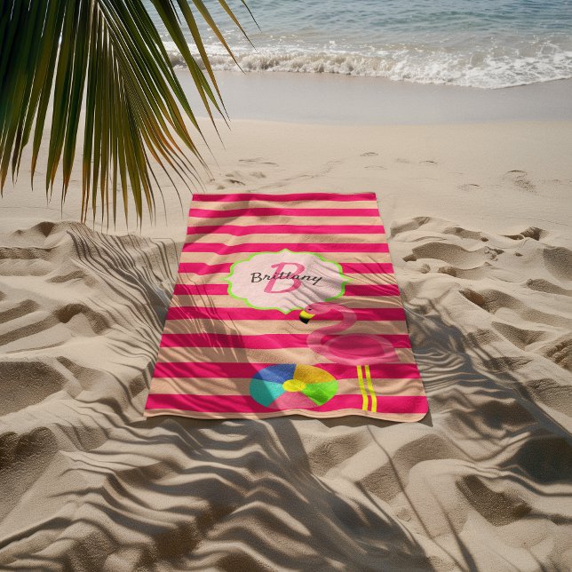 Toalha de praia Flamingo Monogrammed Stripe Rosa (Criador carregado)