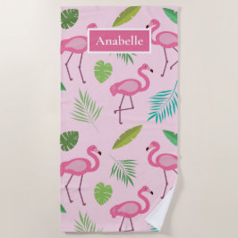 Toalha De Praia Flamingo rosa e folhas tropicais personalizadas