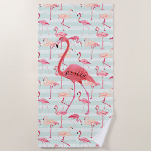 Toalha De Praia Flamingo rosa e tiras azuis