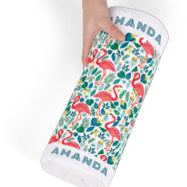 Toalha De Praia Flamingo rosa tropical e padrão das folhas tropica