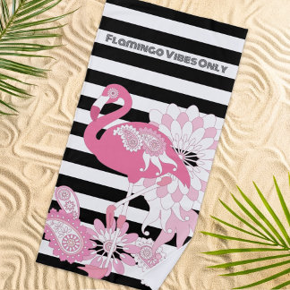 Toalha De Praia Flamingo Vibes Apenas Black & White Stripes Flamin