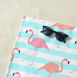 Toalha De Praia Flamingos em Listras Azuis