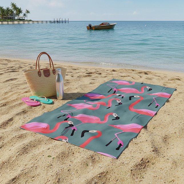 Toalha De Praia Flamingos rosa retrô (Criador carregado)
