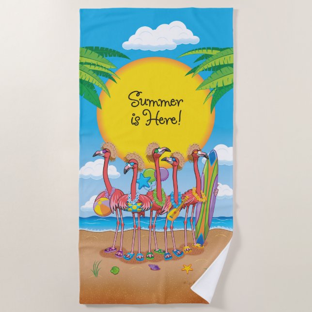Toalha de Praia Flamingos Verão Chegou (Frente)
