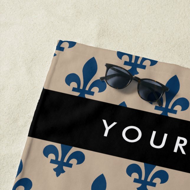 Toalha De Praia Fleur de Lis, Navy Blue on Beige, Royal, Your Name (In Situ)