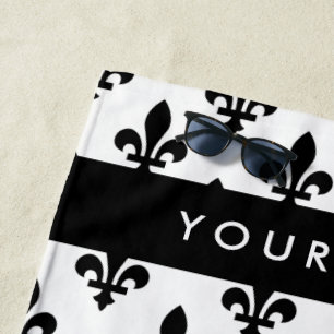 Toalha De Praia Fleur de Lis, Preto sobre Branco, Preto, Seu Nome