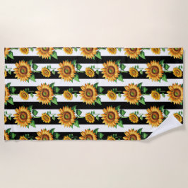 Toalha De Praia Flor de girassol Black Stripes brancas
