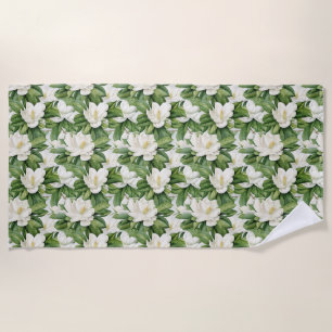 Toalha De Praia Flor de Magnólia Branca Elegante Sem Costura