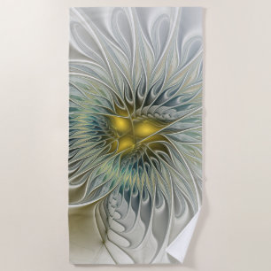 Toalha De Praia Flor Fantasia Prata Dourada Arte Fractal Abstrata