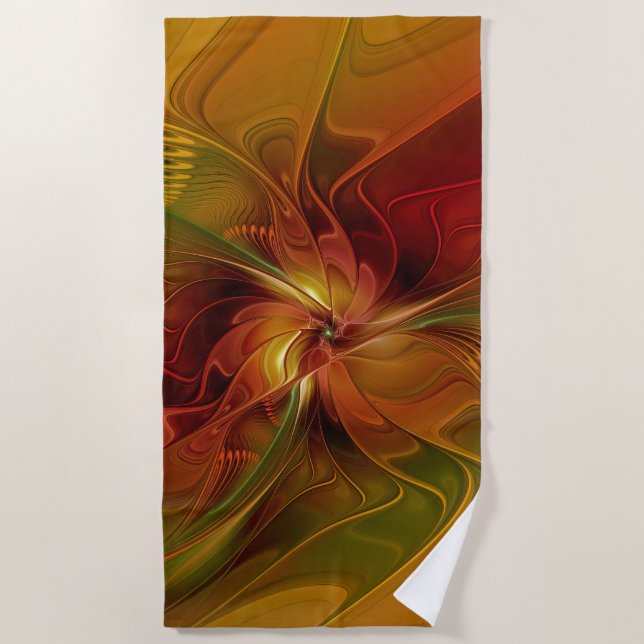 Toalha De Praia Flor verde-laranja-abstrato Vermelho Castanho-Cast (Frente)
