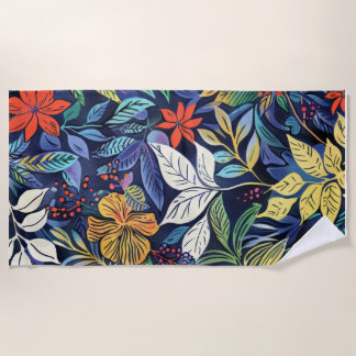 Toalha De Praia Flora Enigmática: Padrão Único na Arte Azul Escura